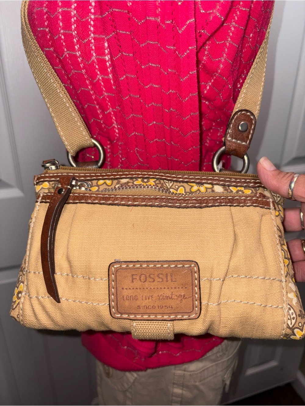 Vintage Fossil Tan Canvas Crossbody with Brown Leather Trim
